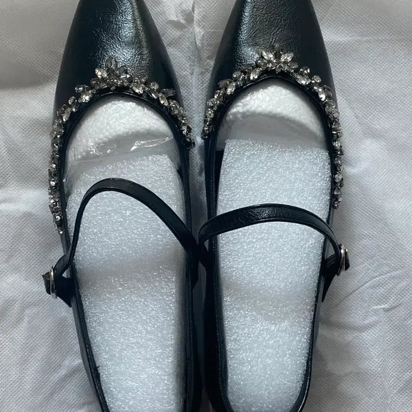[BUNJANG] Black Jewel Strap Flat Shoes - Women's Size 240 / 블랙 스트랩 플랫 슈즈