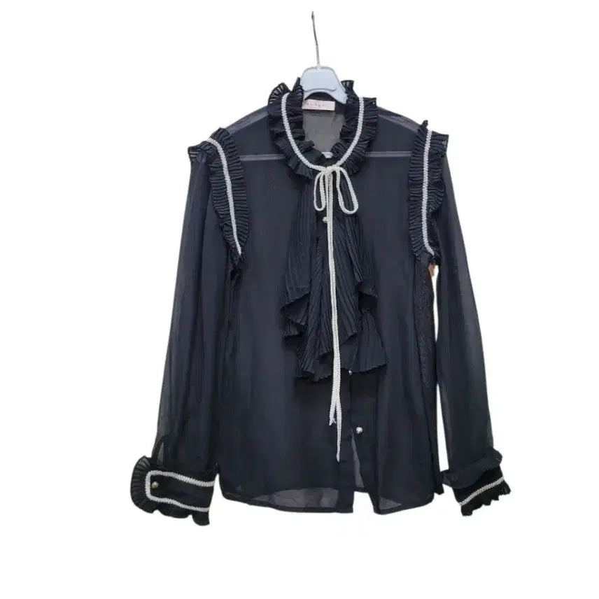 [BUNJANG] Deep Navy See-Through Poly Summer Blouse / 일본 최고급 브랜드 딥네이비 컬러 우아한 시스루 폴리 여름 블라우