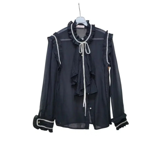 [BUNJANG] Deep Navy See-Through Poly Summer Blouse / 일본 최고급 브랜드 딥네이비 컬러 우아한 시스루 폴리 여름 블라우