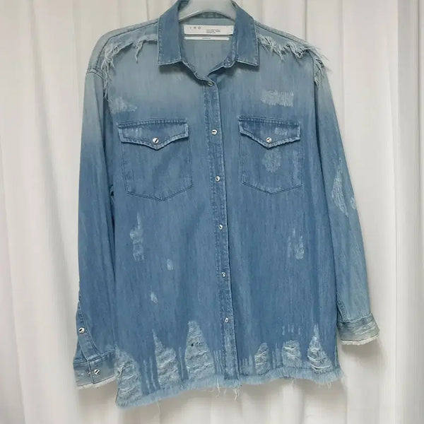 [BUNJANG] IRO Women's Blue Wash Distressed Denim Shirt / IRO 데님 셔츠 여성용 블루 워싱 디스트로이드 셔츠