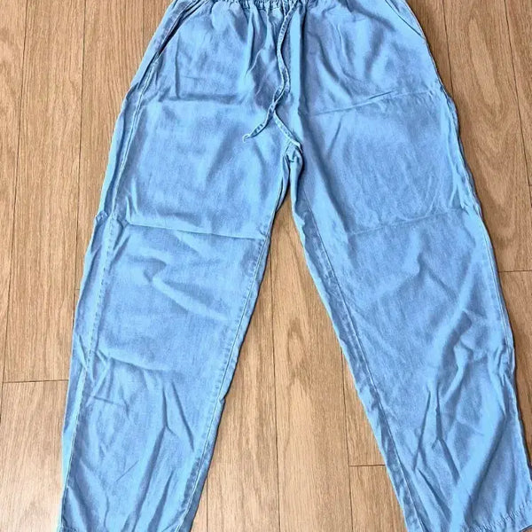 [BUNJANG] Light Blue Washed Wide Leg Denim Pants / 연청색 와이드 팬츠 밴딩 바지