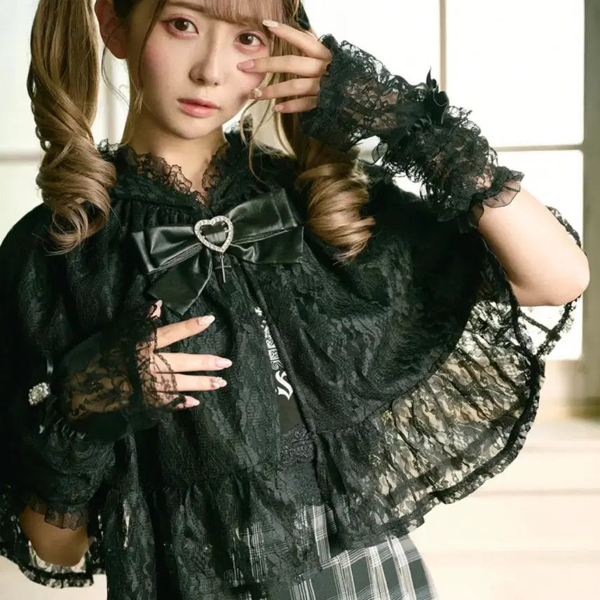 [BUNJANG] Ankruuz Lace Cape with Hood / 앙크루즈 후드가 달린 레이스 케이프 블랙 양산형 지뢰계 양지뢰