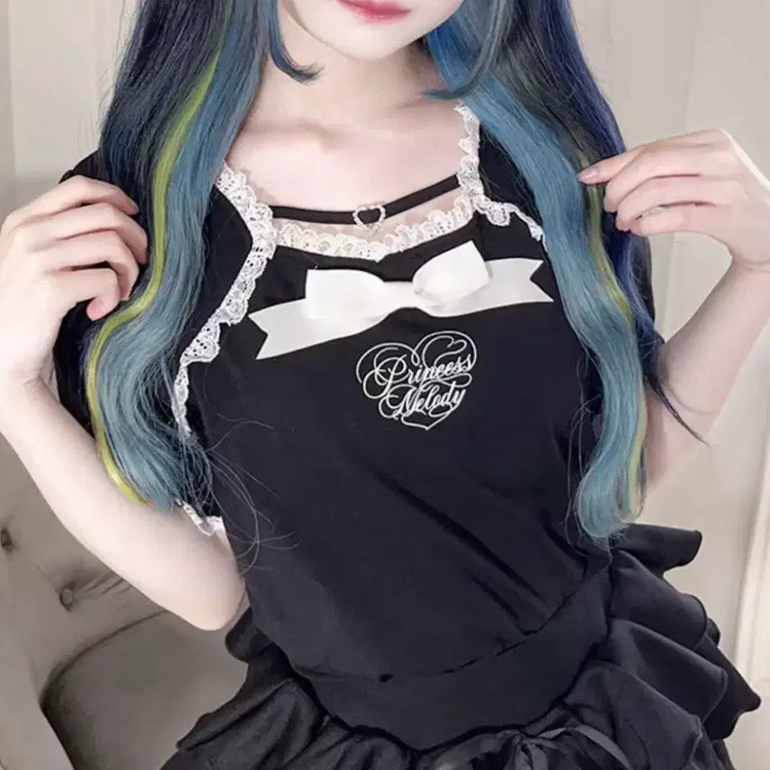 [BUNJANG] Maz Princess Melody Heart Buckle Ribbon Tape Top Black / 마즈 프린세스 멜로디 하트 버클 리본 테이프 탑스 블랙