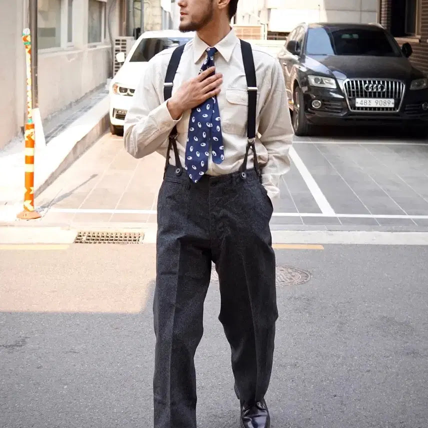 [BUNJANG] Dry Bones High Back Black Chambray Work Trousers / [30]드라이본즈 하이백 블랙 샴브레이 워크 트라우져