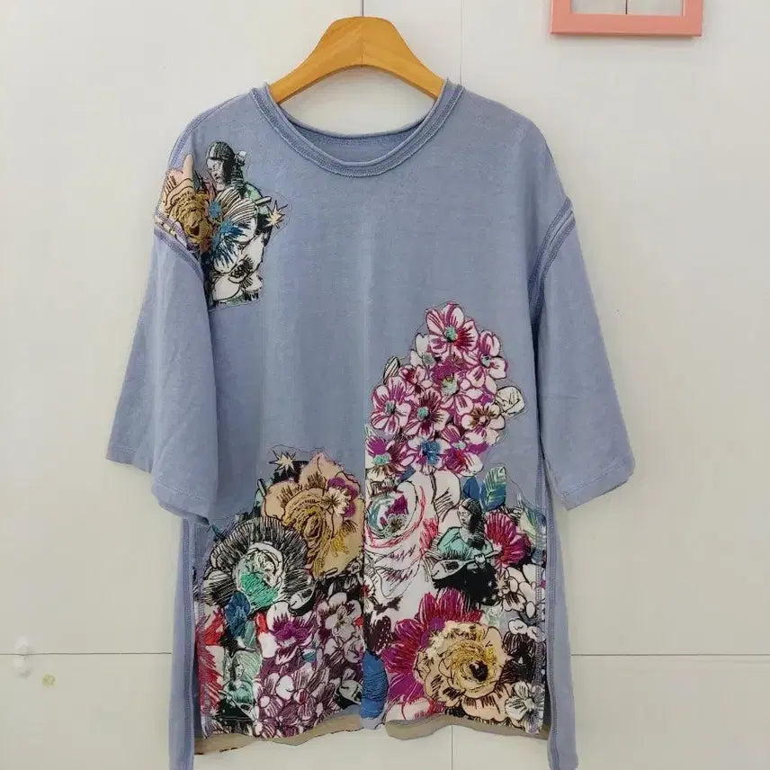 [BUNJANG] Time Hanstyle Embroidered Short-Sleeve T-Shirt / 한섬 타임 꽃자수 반팔티셔츠 55~66