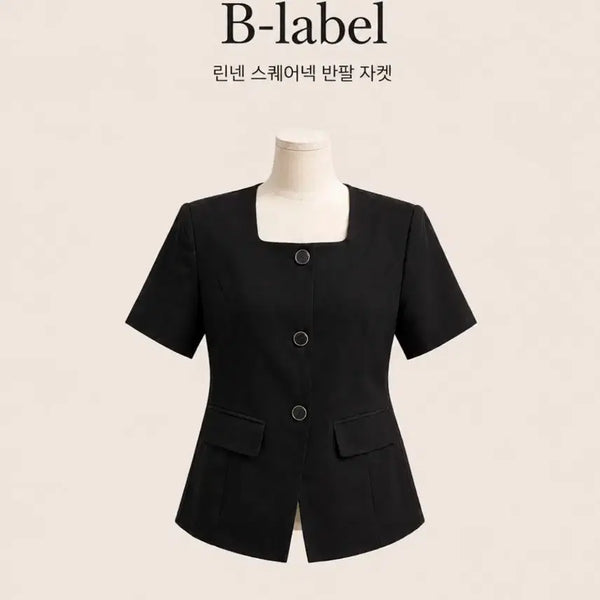 [BUNJANG] Jennie Label Linen Square Neck Short Sleeve Jacket Black / 제니라벨 린넨 스퀘어넥 반팔 자켓 블랙