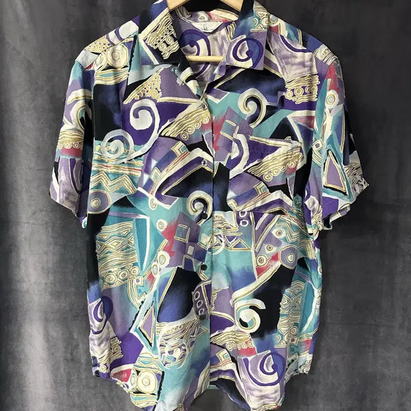 [BUNJANG] S.d SPLENDID Men's Short Sleeve Open Collar Shirt - Japanese Rayon 100% with Art Pattern / S.d SPLENDID 일본제 레이온 100% 아트패턴 오픈카라 반팔셔츠