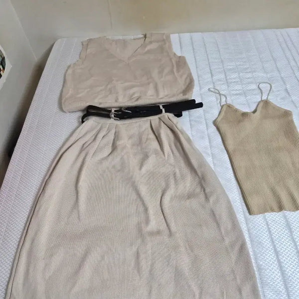 [BUNJANG] Beige V-Neck Knit Vest + H-Line Long Skirt + Camisole 3-Piece Set / 베이지 브이넥 니트 조끼 + H라인 롱 스커트 + 나시 3종 세트