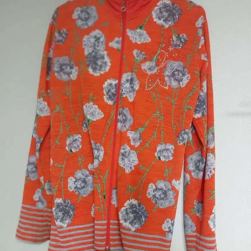 [BUNJANG] Orange Floral Zip-Up Long-Sleeve T-Shirt / 주황색 꽃무늬 집업L