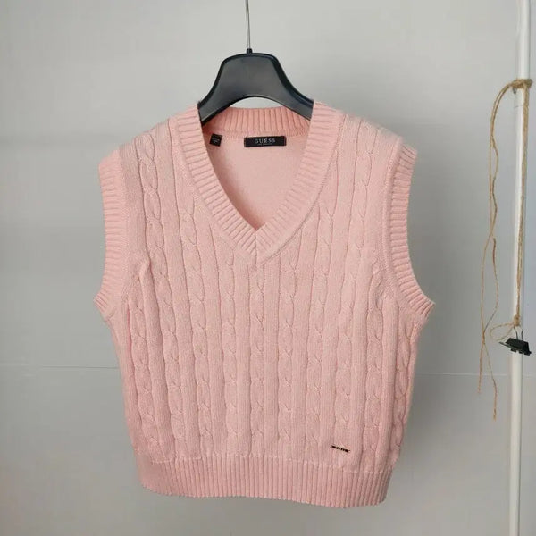[BUNJANG] Guess Cable Knit Crop Vest Women's Free Size Pink / 게스 케이블 크롭니트 베스트 여성Free 6G3