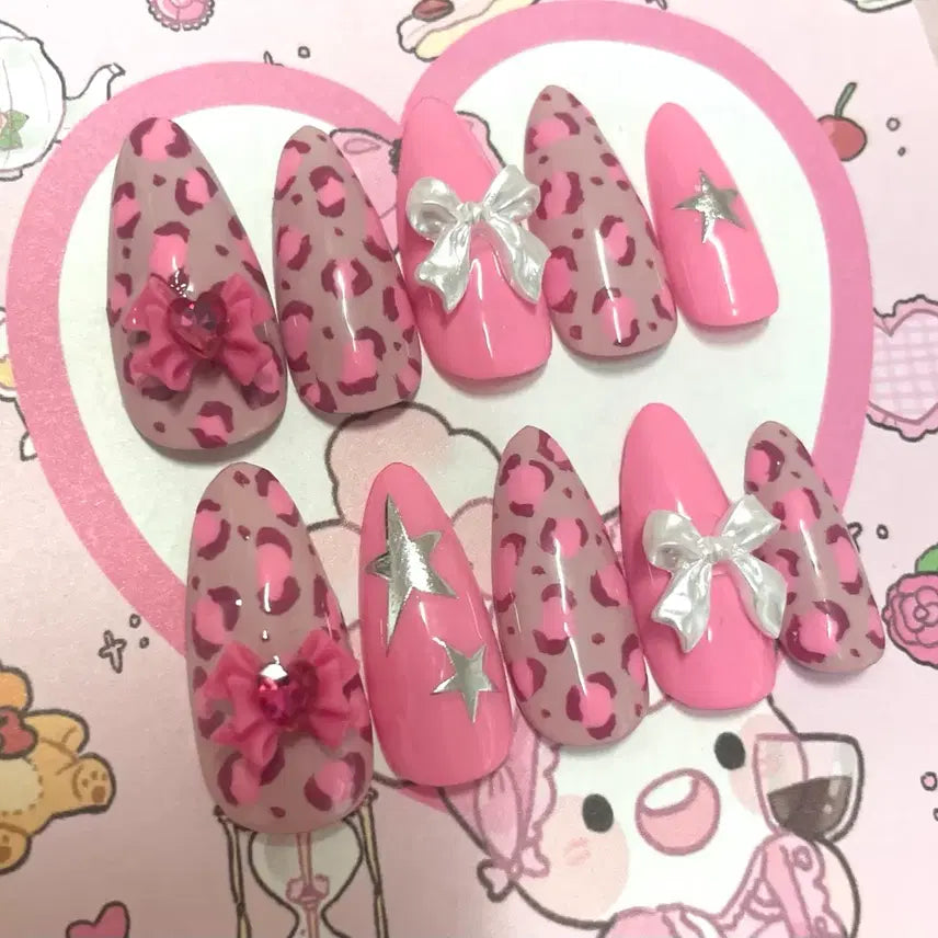 [BUNJANG] Handmade Y2K "Gyaru" Pink Nail Tips / (빠른배송)호피 갸루 핑크 수제네일팁 공주 하이틴 양산형 양지뢰 지뢰계