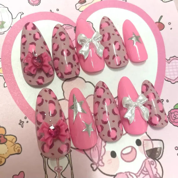 [BUNJANG] Handmade Y2K "Gyaru" Pink Nail Tips / (빠른배송)호피 갸루 핑크 수제네일팁 공주 하이틴 양산형 양지뢰 지뢰계
