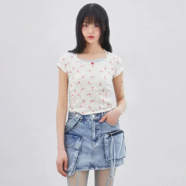 [BUNJANG] LaLaFox Cherry Pattern Lace T-Shirt / 라라폭스 CHERRY PATTERN LACE T-SHIRT