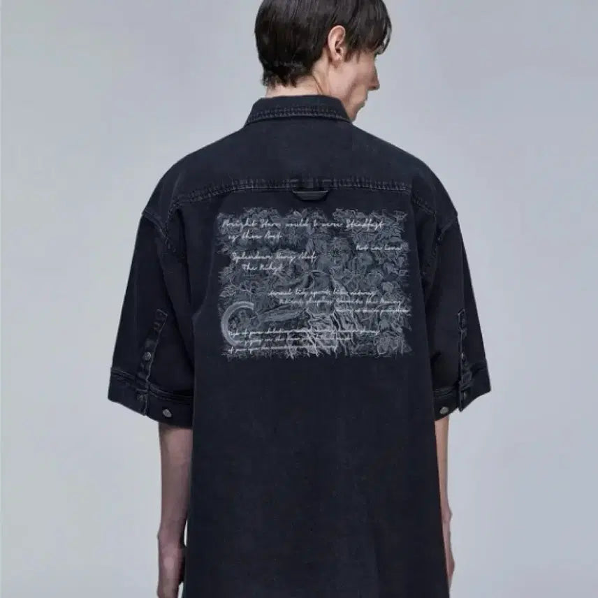 [BUNJANG] Songzio Collection Poetry Embroidered Denim Half Shirt Black Size 46 / 송지오 컬렉션 데님 하프 셔츠 블랙 46사이즈 (100~105) 새상품
