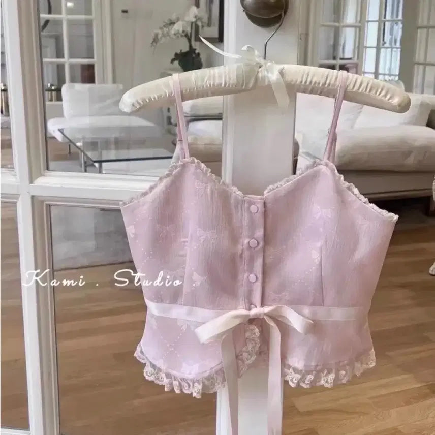 [BUNJANG] Imported Clothing Lace Busteire Pink Strap Camisole Top / 수입 의류)레이스 뷔스티에 핑크 끈 나시 탑
