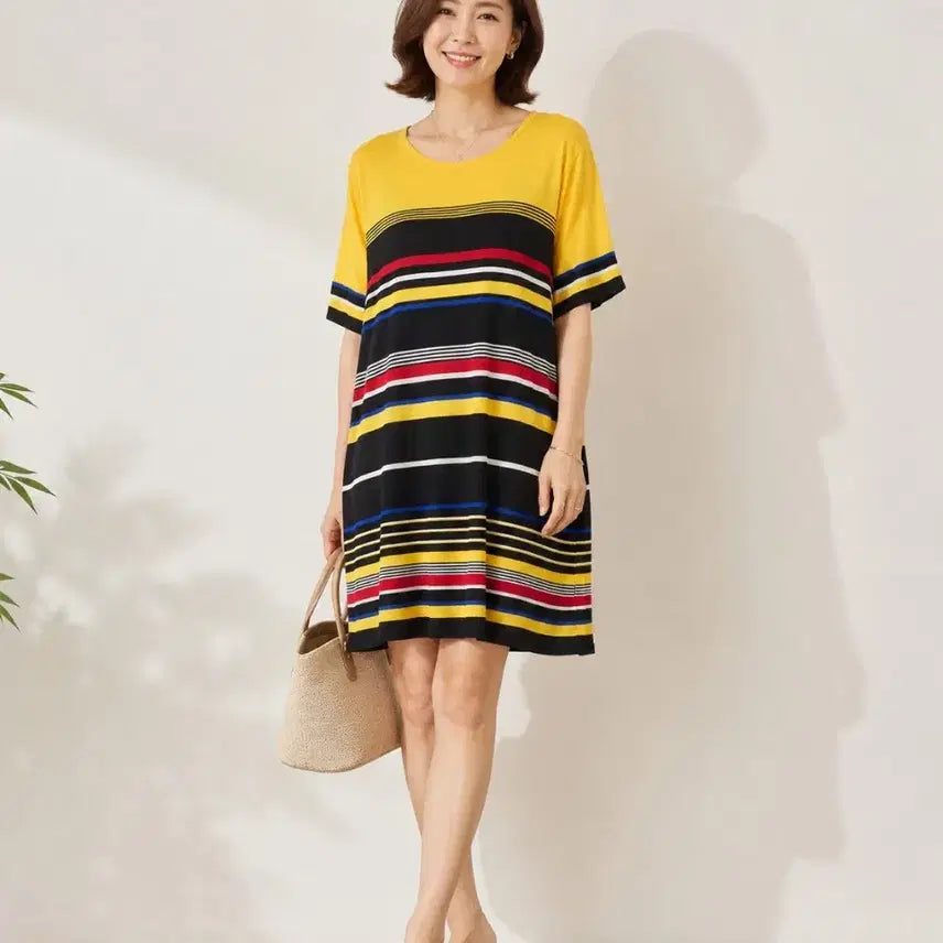 [BUNJANG] Elégance Paris Viscose Knit Tunic Mini Dress - Yellow, Black, Red, White, Blue Stripes (Size 6) / 엘레강스 파리 정품 이태리 비스코스 여름 니트 튜닉 미니 원피스 여성 6
