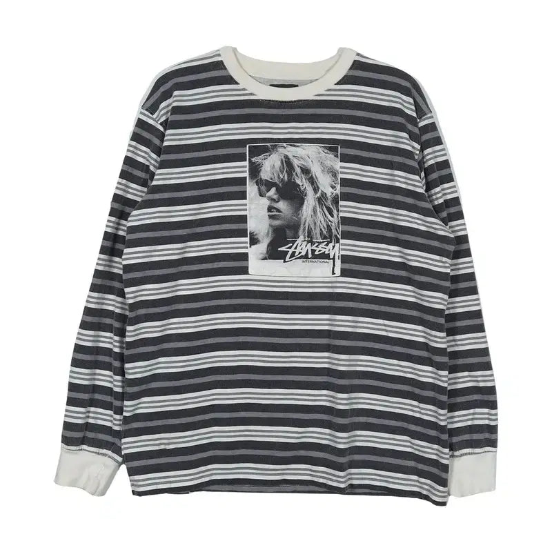 [BUNJANG] Stussy Striped Photo Print Long Sleeve T-Shirt M / 스투시 스트라이프 포토 프린팅 긴팔 티셔츠 M