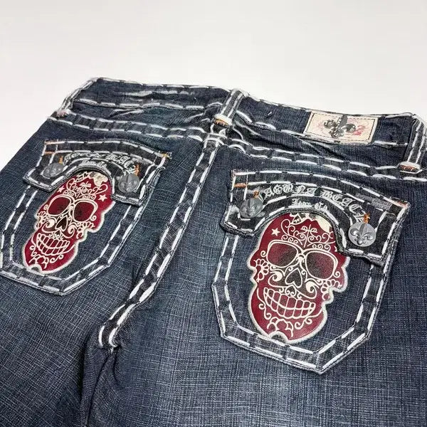 [BUNJANG] Laguna Beach Y2K Deadstock Skull Stitch Embroidered Denim Pants / 라구나비치 Y2K 펑크 데드스탁 스컬 스티치 자수 데님팬츠 R2407