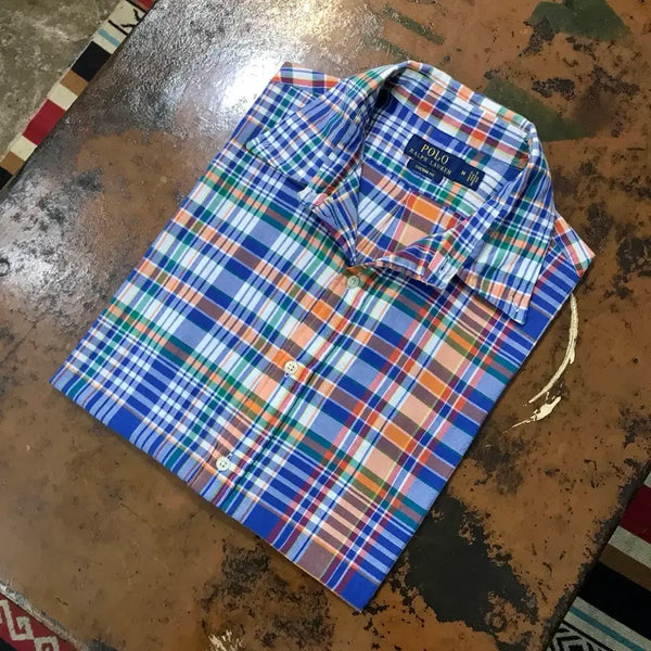 [BUNJANG] Polo Ralph Lauren Madras Check Cotton Shirt Blue Orange Men's L (105) / 폴로랄프로렌 블루 오렌지 마드라스 체크 코튼 셔츠 남방 남성 105