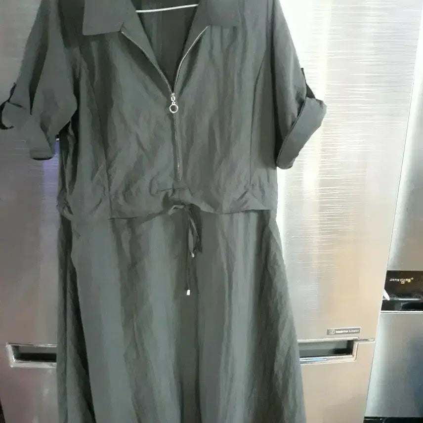 [BUNJANG] Khaki Short Sleeve Zipper Dress / 카키색 지퍼 반팔 원피스