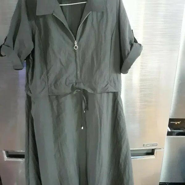 [BUNJANG] Khaki Short Sleeve Zipper Dress / 카키색 지퍼 반팔 원피스
