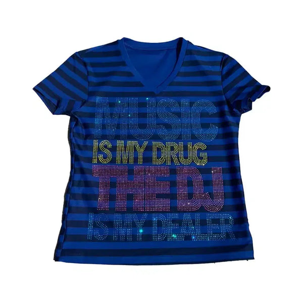 [BUNJANG] E Mosen "MUSIC DRUG" Stripe V-Neck T-Shirt / no E mosen "MUSIC DRUG" 슬로건 스트라이프 브이넥 반팔