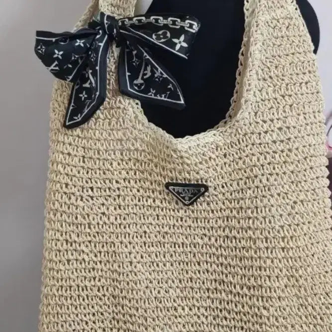 [BUNJANG] Rattan Beige Shoulder Bag with Ribbon Scarf Accent / 새상품) 라탄 베이지 숄더백