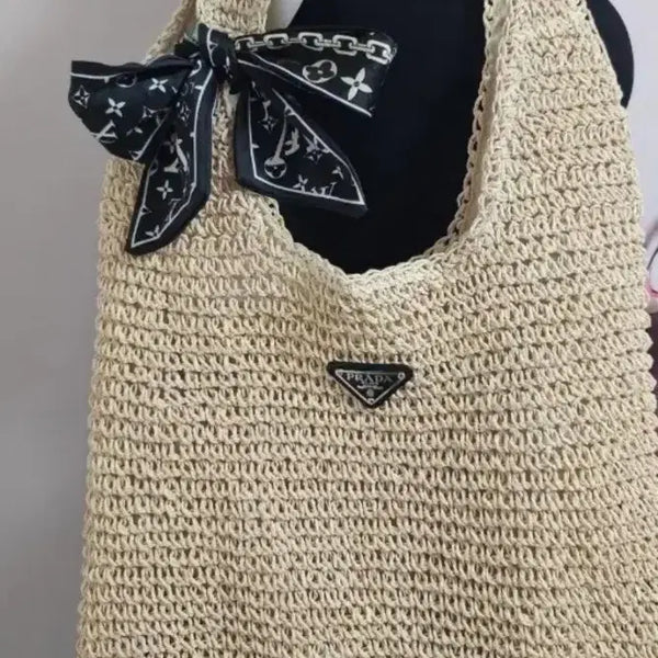 [BUNJANG] Rattan Beige Shoulder Bag with Ribbon Scarf Accent / 새상품) 라탄 베이지 숄더백