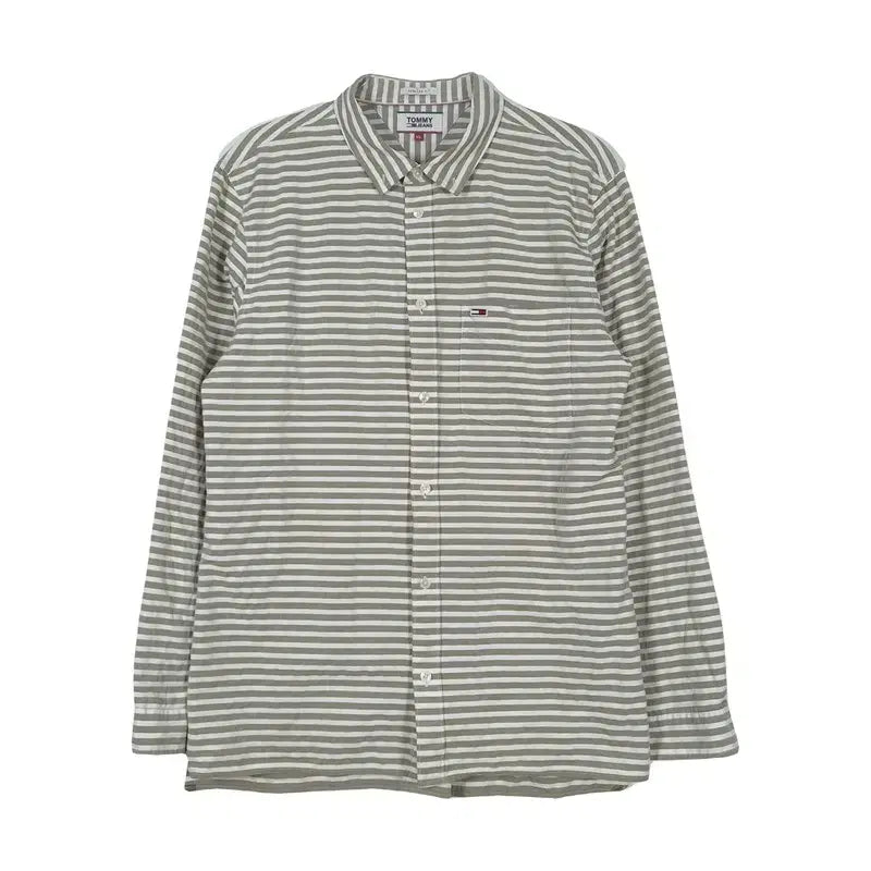 [BUNJANG] Tommy Jeans Khaki Stripe Relaxed Fit Long Sleeve Shirt XL / 타미진스 카키 스트라이프 릴렉스핏 셔츠 XL