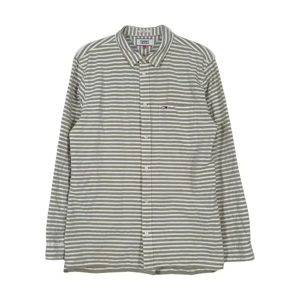 [BUNJANG] Tommy Jeans Khaki Stripe Relaxed Fit Long Sleeve Shirt XL / 타미진스 카키 스트라이프 릴렉스핏 셔츠 XL