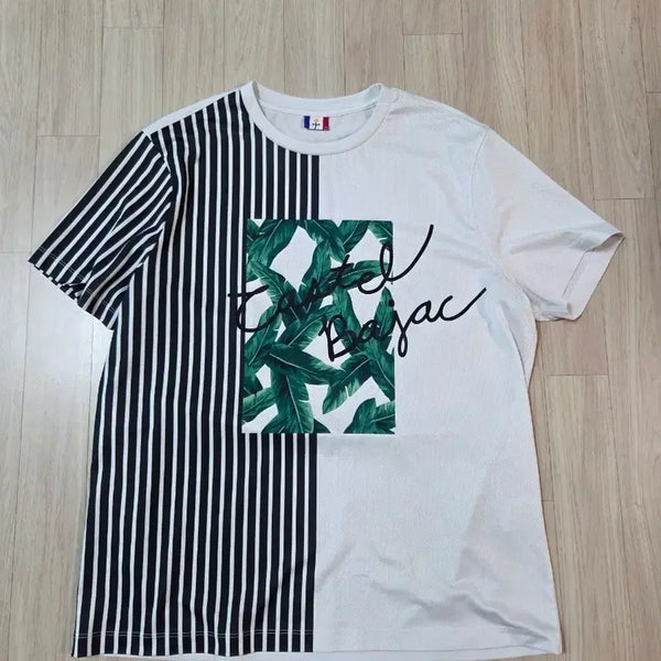 [BUNJANG] Castelbajac Striped Leaf Print Short Sleeve T-Shirt / 까스텔바작 반팔 티셔츠  스트라이프 나뭇잎 프린트