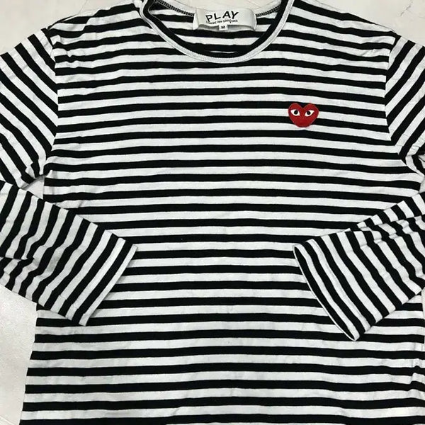 [BUNJANG] Comme des Garçons Play Striped Long Sleeve T-shirt Black Red Heart / 꼼데가르송 플레이 스트라이프 긴팔티 블랙 레드하트