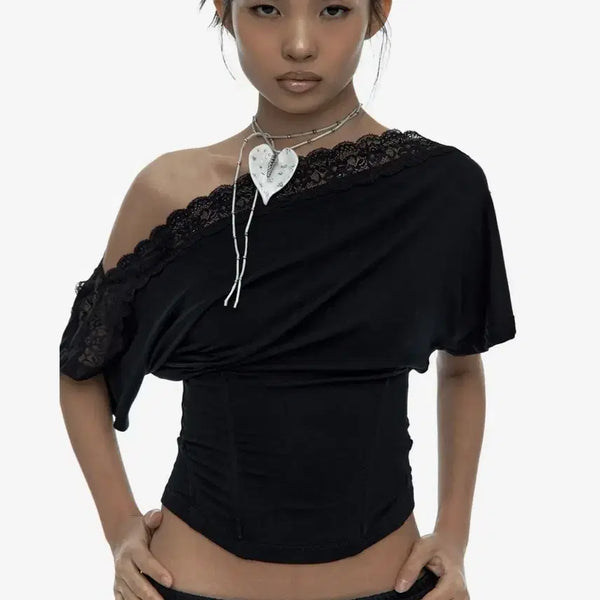 [BUNJANG] CASICO Lace One-Shoulder Corset Tee Black M / 카시코 레이스 원숄더 코르셋 티 블랙 m