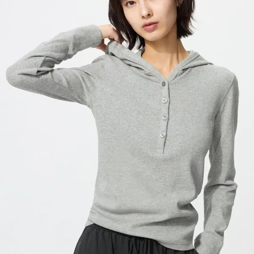 [BUNJANG] Uniqlo Ribbed Hoodie T-Shirt Grey 3XL / [3XL] 유니클로 후디립 T 그레이 새상품