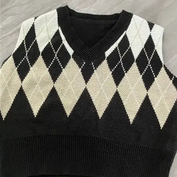 [BUNJANG] Argyle Knit Cardigan / 아가일 니트 니트가디건 반팔니트