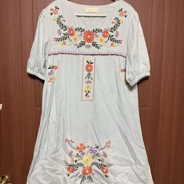 [BUNJANG] Mexican Embroidered Short Sleeve Dress / 모리걸 하구미 히피 빈티지 꽃무늬 멕시칸 자수 반팔 원피스