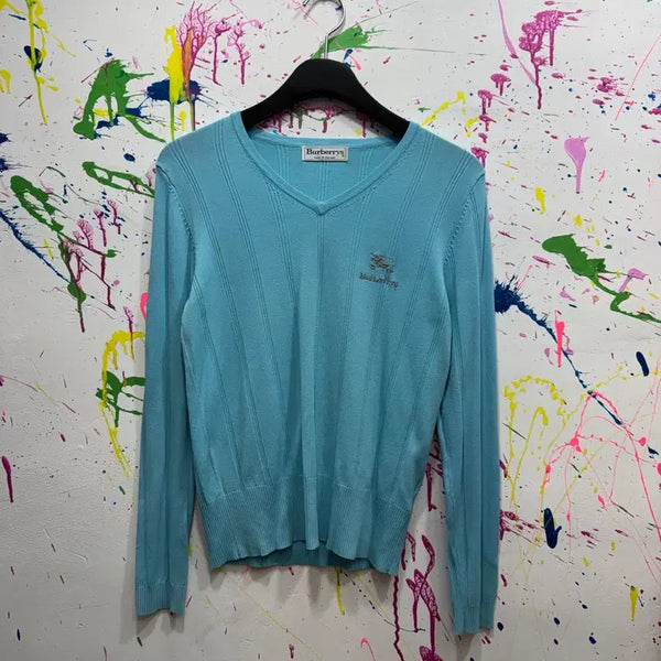 [BUNJANG] Burberry 90s Cotton V-Neck Sweater Sky Blue / 90s 버버리 코튼 브이넥 스웨터 스카이블루