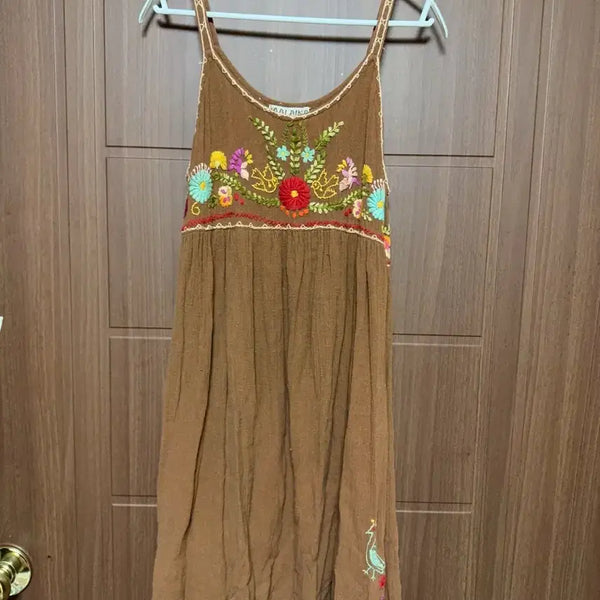 [BUNJANG] Mori Girl Indian Mexican Embroidered Tank Dress / 하구미 히피 모리걸 일본 빈티지 브라운 인디안 멕시칸 자수 나시 원피스