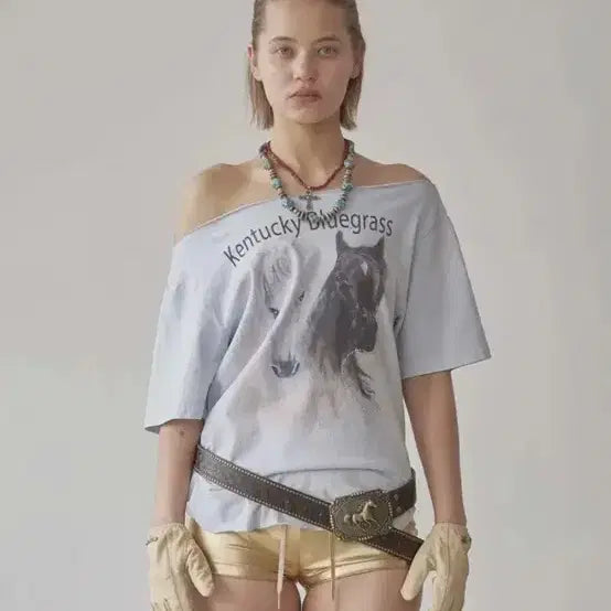 [BUNJANG] Sculptor Cut-Out Misty Blue Off-Shoulder T-Shirt / 스컬프터 컷아웃 미스티 블루 오프숄더 티셔츠 M