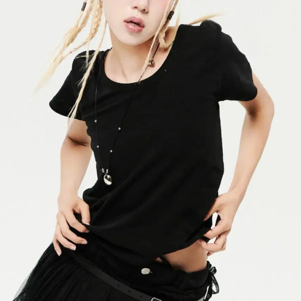 [BUNJANG] Holynumberseven Slub Basic U-Neck T-Shirt Black / 홀리넘버세븐 slub basic u넥 반팔 블랙