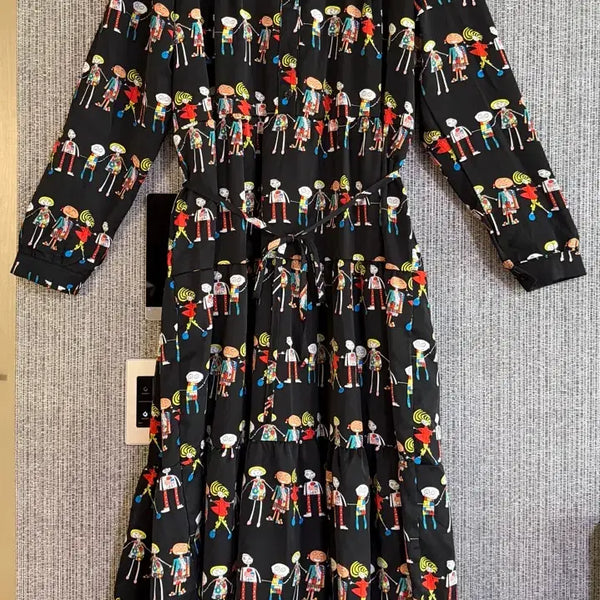 [BUNJANG] People Pattern Print Black Long Sleeve Flare Maxi Dress with Strap / 사람 패턴 프린트 블랙 긴팔 플레어 롱 원피스 스트랩 포함 프리 사이즈
