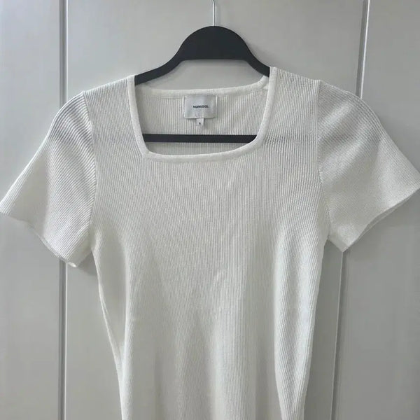[BUNJANG] Montdol Ribbed Square Neck Short Sleeve Knit White / 몽돌 골지 스퀘어넥 반팔 니트 MDKT076 화이트 s
