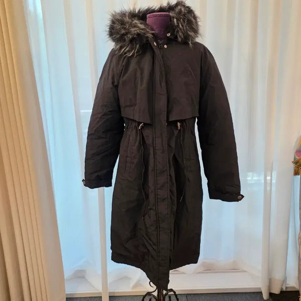 [BUNJANG] Black Fur Hooded Long Coat / 블랙 퍼 후드 롱 코트