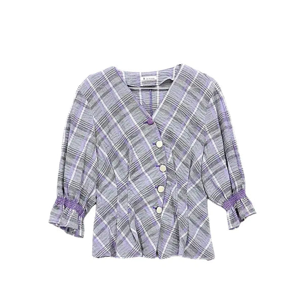 [BUNJANG] It Michaa Women's Feminine Linen Blend Check Blouse / 잇미샤 여성 페미닌한 린넨블라우스 82 체크 01142