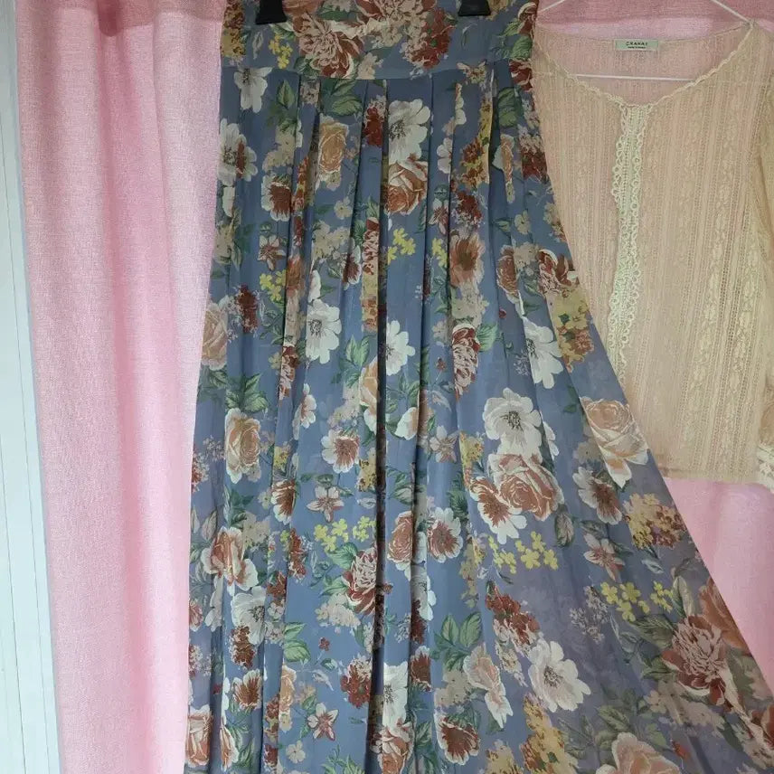 [BUNJANG] Chiffon Floral Print Long Skirt - Vintage Princess Mori Girl Style / 쉬폰 꽃무늬 플라워 롱 스커트 빈티지 공주풍 모리걸 러블리 레이스