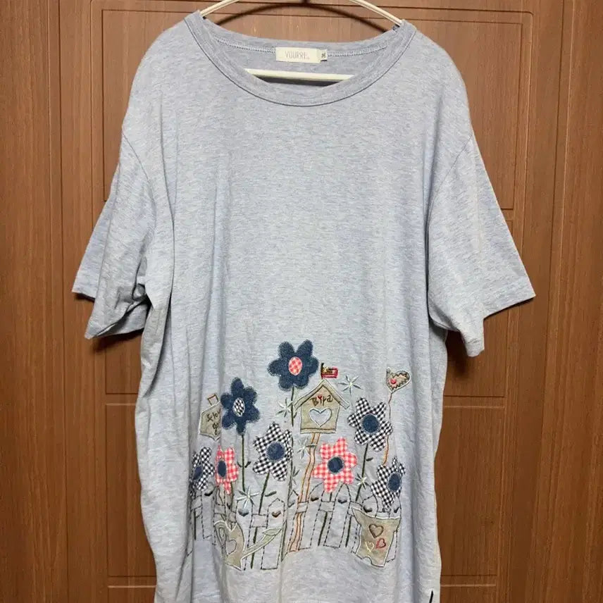 [BUNJANG] Morigirl Hagumi Hippie Japanese Vintage Blue Flower Patch Short Sleeve T-Shirt / 모리걸 하구미 히피 일본 빈티지 블루 꽃 패치 반팔 티셔츠