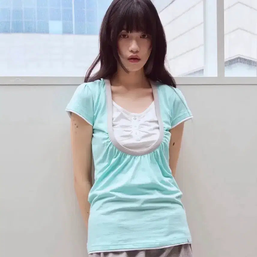 [BUNJANG] OPISH Shirring U-Neck Short Sleeve T-Shirt Mint / 오피쉬 셔링 유넥 반팔 민트