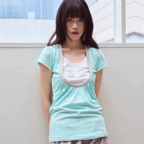 [BUNJANG] OPISH Shirring U-Neck Short Sleeve T-Shirt Mint / 오피쉬 셔링 유넥 반팔 민트