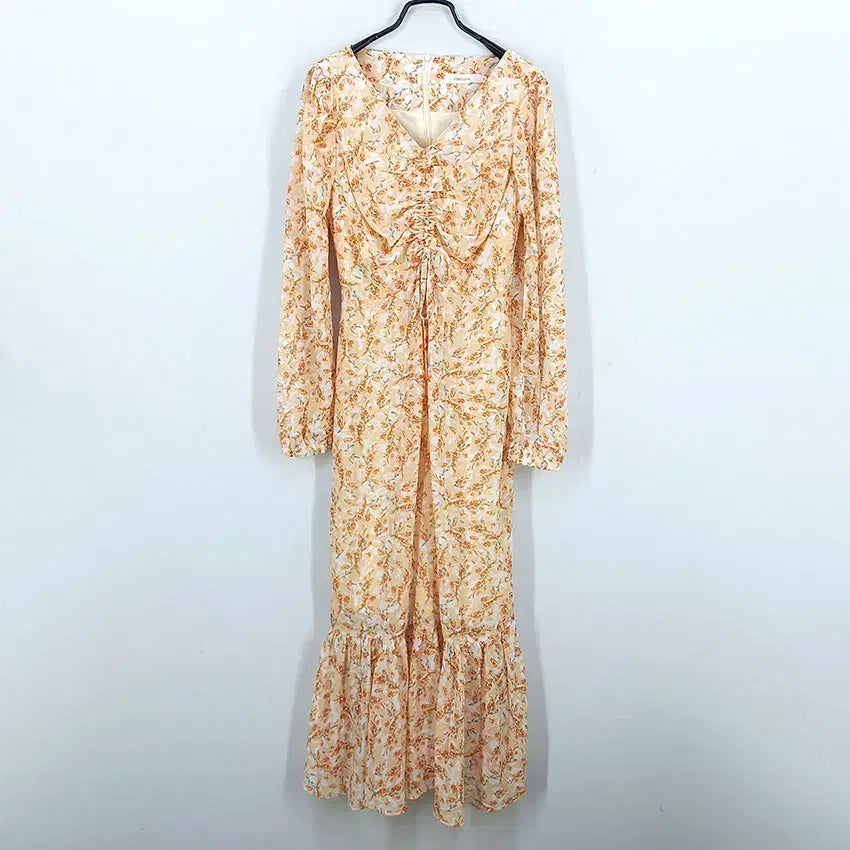[BUNJANG] Sikline Women's Summer Flower Shirring Long Sleeve Dress Orange / 시크라인 여성 여름 플라워 셔링 긴팔원피스 오렌지 (HU45872)