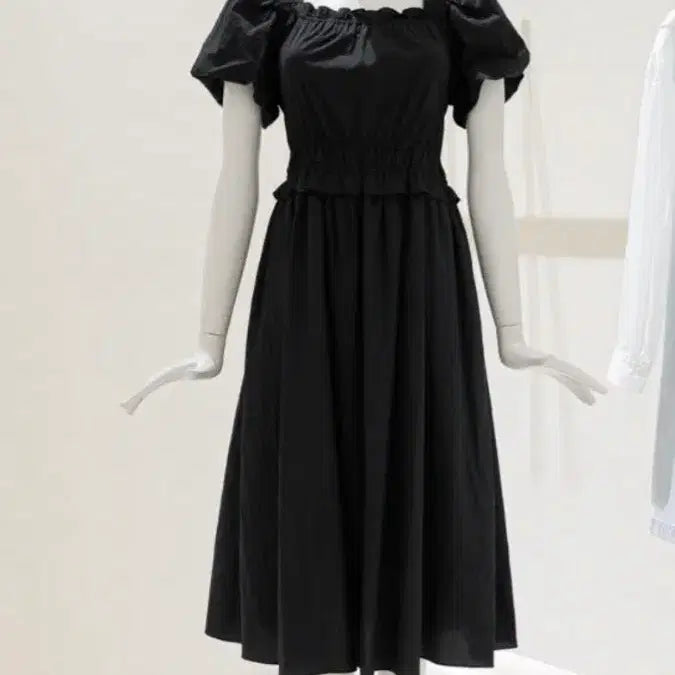 [BUNJANG] DUEL Square Neck Puff Sleeve Shirring Dress - Black (Size 55) / (새상품)듀엘 스퀘어넥 퍼프 소매 셔링 원피스 블랙 55